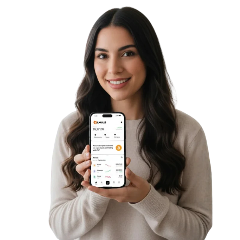 Mujer teniendo en la mano móvil con la interfaz de Bixxus